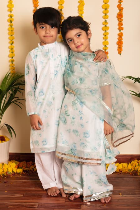 Shop_Pomcha Jaipur_White Chanderi, Cotton Falak Floral Print Kurta With Pant 