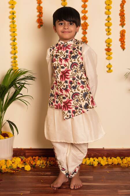 Buy_Pomcha Jaipur_White Cotton, Silk Embroidery Floral Print Bundi With Dhoti Pant Set _Online_at_Aza_Fashions