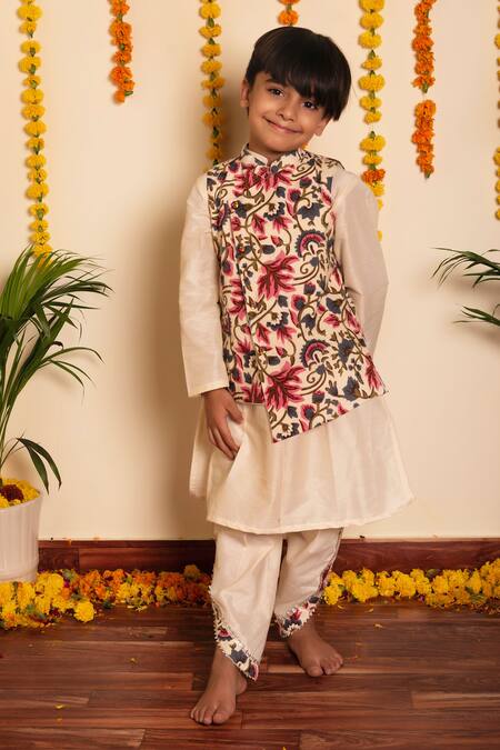 Shop_Pomcha Jaipur_White Cotton, Silk Embroidery Floral Print Bundi With Dhoti Pant Set _Online_at_Aza_Fashions