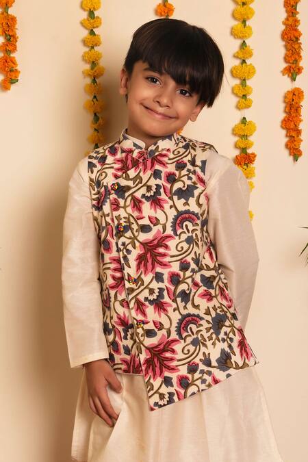 Pomcha Jaipur_White Cotton, Silk Embroidery Floral Print Bundi With Dhoti Pant Set _at_Aza_Fashions