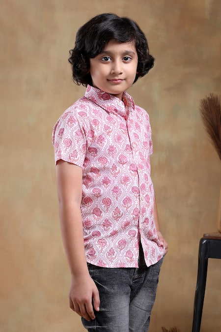 Pomcha Jaipur_Pink Cotton Embroidery Gulab Phool Hand Block Print Shirt _Online_at_Aza_Fashions