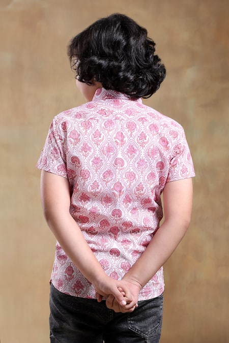 Shop_Pomcha Jaipur_Pink Cotton Embroidery Gulab Phool Hand Block Print Shirt _at_Aza_Fashions