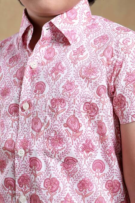 Buy_Pomcha Jaipur_Pink Cotton Embroidery Gulab Phool Hand Block Print Shirt _Online_at_Aza_Fashions