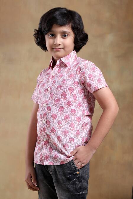 Shop_Pomcha Jaipur_Pink Cotton Embroidery Gulab Phool Hand Block Print Shirt _Online_at_Aza_Fashions
