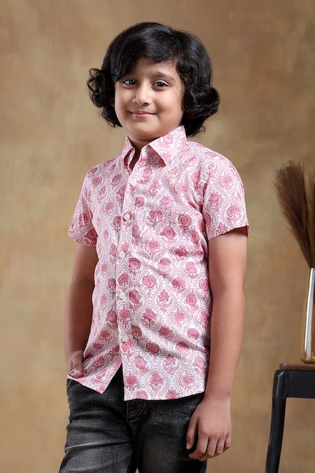 Pomcha Jaipur_Pink Cotton Embroidery Gulab Phool Hand Block Print Shirt _at_Aza_Fashions