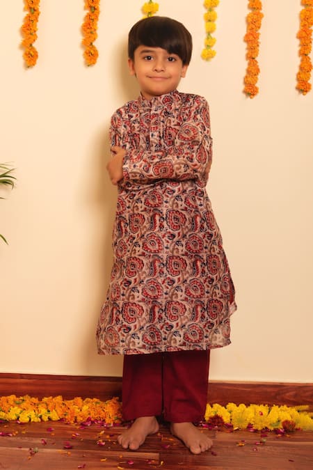 Shop Pomcha Jaipur Brown Organza, Cotton Embroidery Gulabagh Print Kurta With Pant at Aza Fashions Shop_Pomcha Jaipur_Brown Organza, Cotton Embroidery Gulabagh Print Kurta With Pant _at_Aza_Fashions