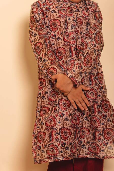 Shop Pomcha Jaipur Brown Organza, Cotton Embroidery Gulabagh Print Kurta With Pant Online at Aza Fashions Shop_Pomcha Jaipur_Brown Organza, Cotton Embroidery Gulabagh Print Kurta With Pant _Online_at_Aza_Fashions