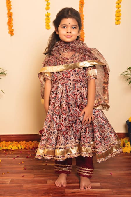 Shop_Pomcha Jaipur_Brown Organza, Cotton Gota Patti, Embroidery Gulabagh Print Anarkali Set _at_Aza_Fashions