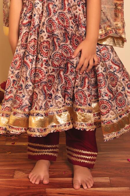 Pomcha Jaipur_Brown Organza, Cotton Gota Patti, Embroidery Gulabagh Print Anarkali Set _Online_at_Aza_Fashions