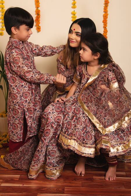 Shop_Pomcha Jaipur_Brown Organza, Cotton Gota Patti, Embroidery Gulabagh Print Anarkali Set _Online_at_Aza_Fashions