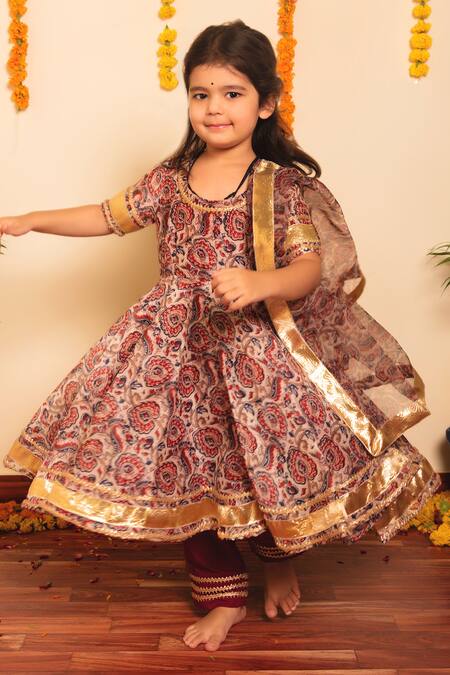 Pomcha Jaipur_Brown Organza, Cotton Gota Patti, Embroidery Gulabagh Print Anarkali Set _at_Aza_Fashions