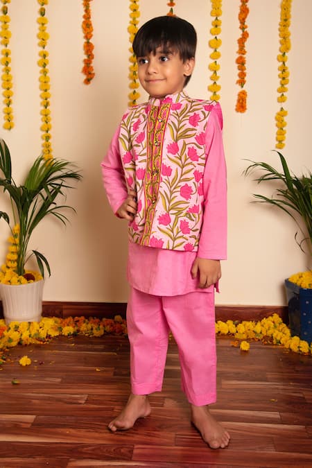 Shop_Pomcha Jaipur_Pink Cotton Embroidery Floral Print Bundi Kurta Set _Online_at_Aza_Fashions