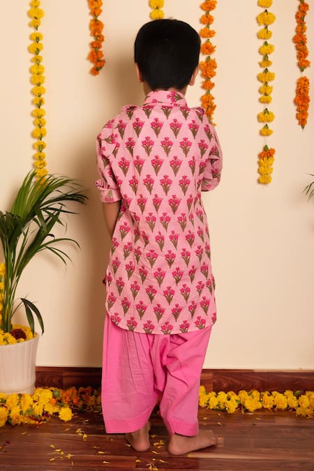 Shop Pomcha Jaipur Pink Cotton, Net Embroidery, Bachpan Gulbhar Hand Block Print Kurta Pant Set at Aza Fashions Shop_Pomcha Jaipur_Pink Cotton, Net Embroidery, Bachpan Gulbhar Hand Block Print Kurta Pant Set _at_Aza_Fashions