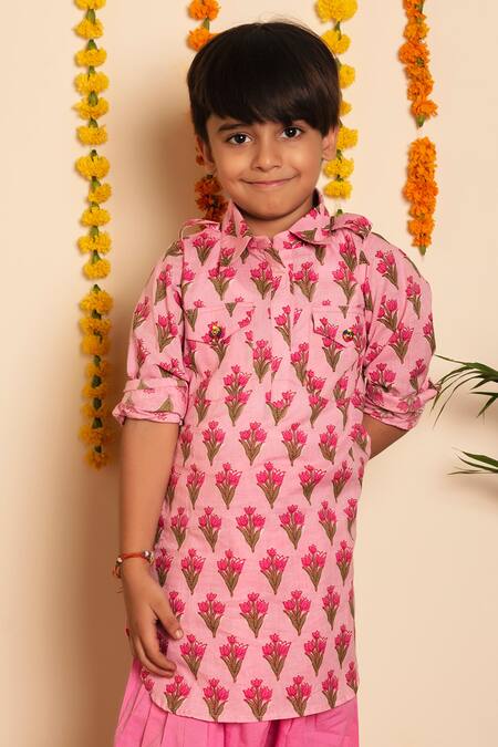 Shop Pomcha Jaipur Pink Cotton, Net Embroidery, Bachpan Gulbhar Hand Block Print Kurta Pant Set Online at Aza Fashions Shop_Pomcha Jaipur_Pink Cotton, Net Embroidery, Bachpan Gulbhar Hand Block Print Kurta Pant Set _Online_at_Aza_Fashions