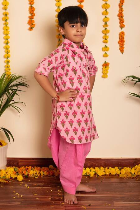 Pomcha Jaipur Pink Cotton, Net Embroidery, Bachpan Gulbhar Hand Block Print Kurta Pant Set at Aza Fashions Pomcha Jaipur_Pink Cotton, Net Embroidery, Bachpan Gulbhar Hand Block Print Kurta Pant Set _at_Aza_Fashions