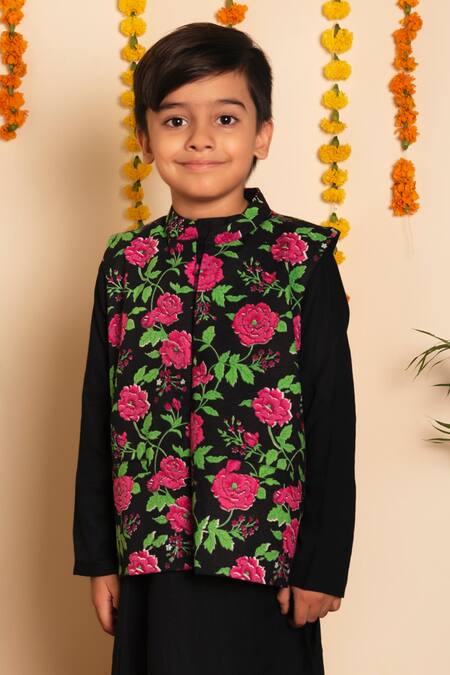 Shop Pomcha Jaipur Black Cotton, Rayon Floral Block Print Bundi Set Online at Aza Fashions Shop_Pomcha Jaipur_Black Cotton, Rayon Floral Block Print Bundi Set _Online_at_Aza_Fashions