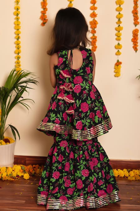 Shop Pomcha Jaipur Black Cotton, Net Embroidery, Gota Bachpan Gulmohar Block Print Peplum Kurta Set at Aza Fashions Shop_Pomcha Jaipur_Black Cotton, Net Embroidery, Gota Bachpan Gulmohar Block Print Peplum Kurta Set _at_Aza_Fashions