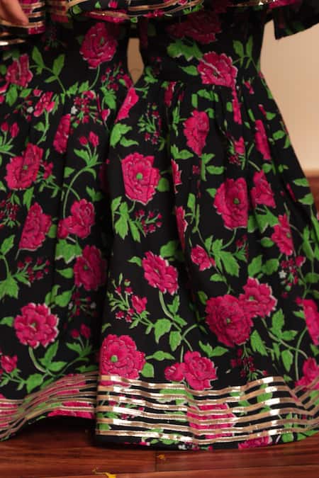 Pomcha Jaipur Black Cotton, Net Embroidery, Gota Bachpan Gulmohar Block Print Peplum Kurta Set Online at Aza Fashions Pomcha Jaipur_Black Cotton, Net Embroidery, Gota Bachpan Gulmohar Block Print Peplum Kurta Set _Online_at_Aza_Fashions
