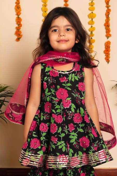 Buy Pomcha Jaipur Black Cotton, Net Embroidery, Gota Bachpan Gulmohar Block Print Peplum Kurta Set Online at Aza Fashions Buy_Pomcha Jaipur_Black Cotton, Net Embroidery, Gota Bachpan Gulmohar Block Print Peplum Kurta Set _Online_at_Aza_Fashions