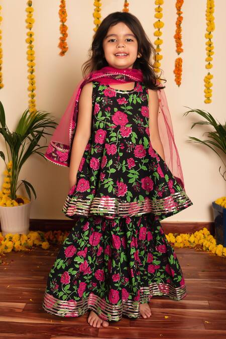 Shop Pomcha Jaipur Black Cotton, Net Embroidery, Gota Bachpan Gulmohar Block Print Peplum Kurta Set Online at Aza Fashions Shop_Pomcha Jaipur_Black Cotton, Net Embroidery, Gota Bachpan Gulmohar Block Print Peplum Kurta Set _Online_at_Aza_Fashions