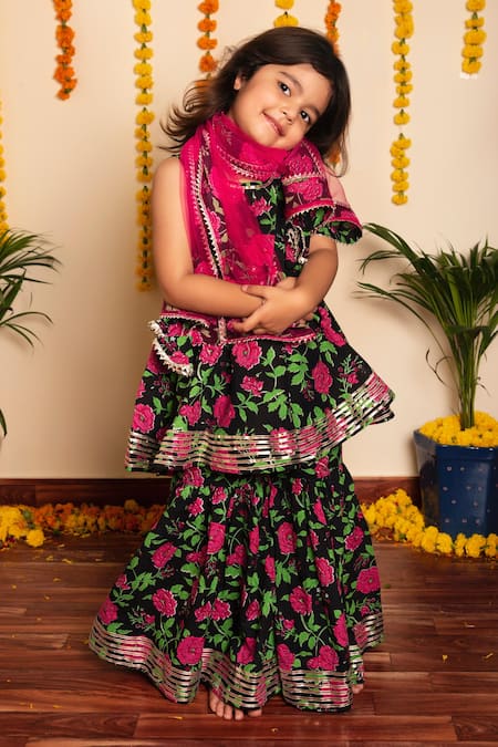 Pomcha Jaipur Black Cotton, Net Embroidery, Gota Bachpan Gulmohar Block Print Peplum Kurta Set at Aza Fashions Pomcha Jaipur_Black Cotton, Net Embroidery, Gota Bachpan Gulmohar Block Print Peplum Kurta Set _at_Aza_Fashions
