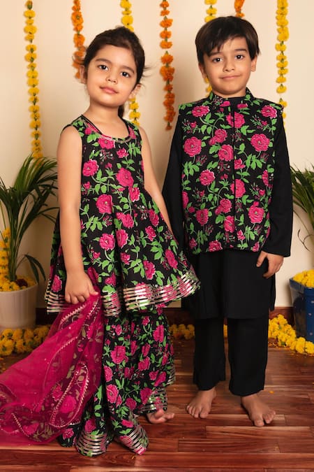Buy Pomcha Jaipur Black Cotton, Net Embroidery, Gota Bachpan Gulmohar Block Print Peplum Kurta Set Buy_Pomcha Jaipur_Black Cotton, Net Embroidery, Gota Bachpan Gulmohar Block Print Peplum Kurta Set