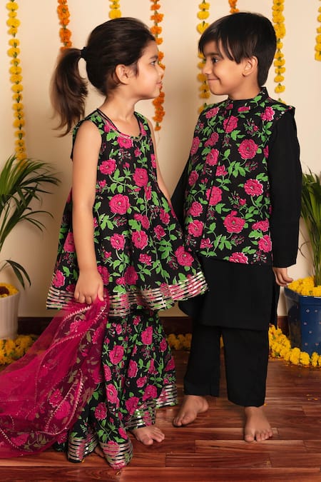 Shop Pomcha Jaipur Black Cotton, Net Embroidery, Gota Bachpan Gulmohar Block Print Peplum Kurta Set Shop_Pomcha Jaipur_Black Cotton, Net Embroidery, Gota Bachpan Gulmohar Block Print Peplum Kurta Set