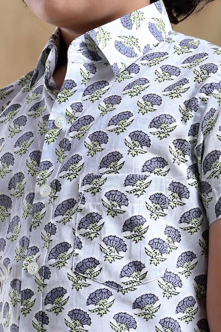 Buy_Pomcha Jaipur_White Cotton Bachpan Hand Block Printed Floral Shirt _Online_at_Aza_Fashions