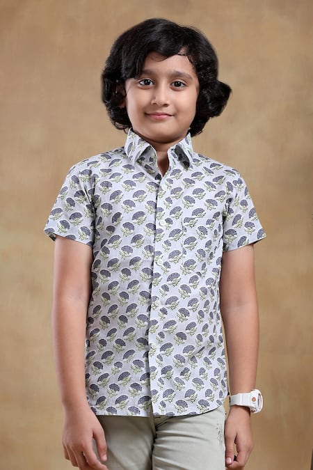 Pomcha Jaipur_White Cotton Bachpan Hand Block Printed Floral Shirt _at_Aza_Fashions