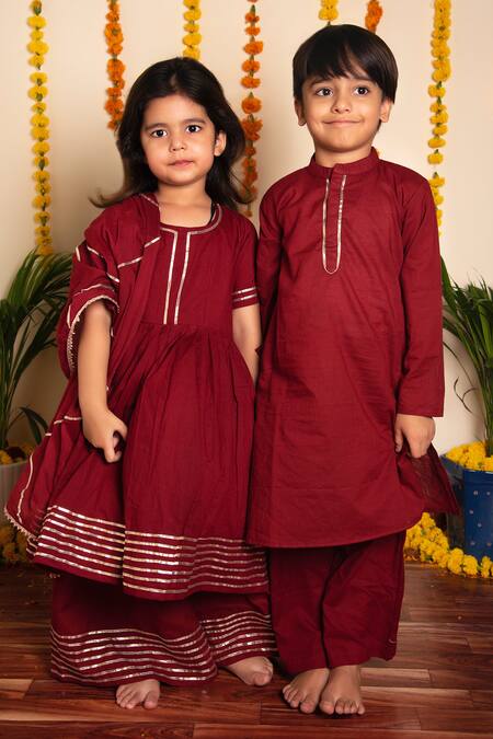 Pomcha Jaipur_Maroon Cotton Gota Patti Bachpan Embroidered Anarkali Pant Set _Online_at_Aza_Fashions