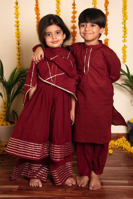 Buy_Pomcha Jaipur_Maroon Cotton Gota Patti Bachpan Embroidered Anarkali Pant Set _Online_at_Aza_Fashions