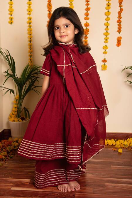 Shop_Pomcha Jaipur_Maroon Cotton Gota Patti Bachpan Embroidered Anarkali Pant Set _Online_at_Aza_Fashions