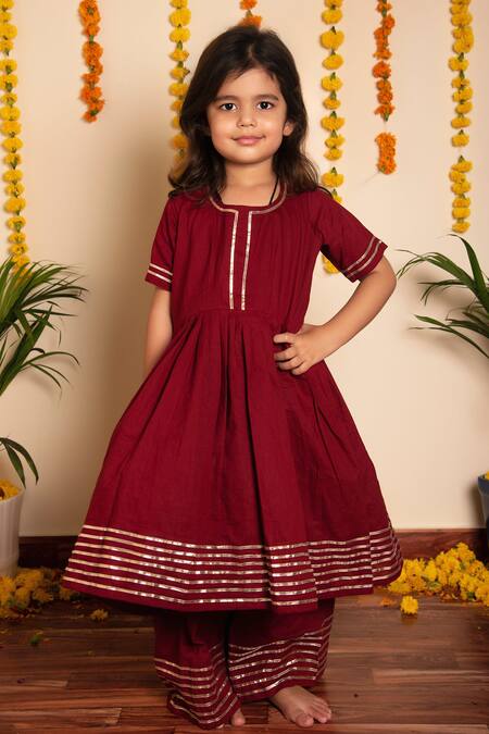 Shop_Pomcha Jaipur_Maroon Cotton Gota Patti Bachpan Embroidered Anarkali Pant Set 