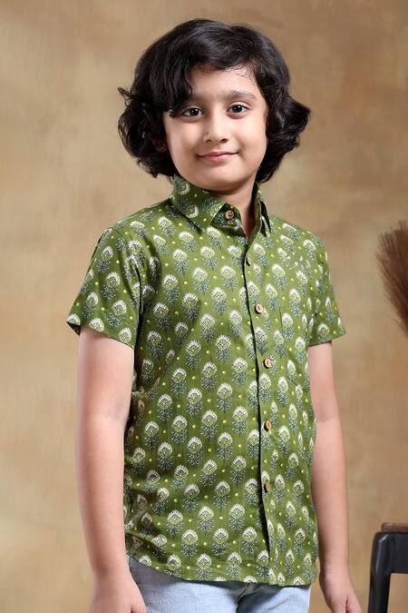 Pomcha Jaipur_Green Cotton Bachpan Hand Block Print Shirt _Online_at_Aza_Fashions