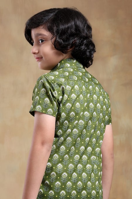 Shop_Pomcha Jaipur_Green Cotton Bachpan Hand Block Print Shirt _at_Aza_Fashions