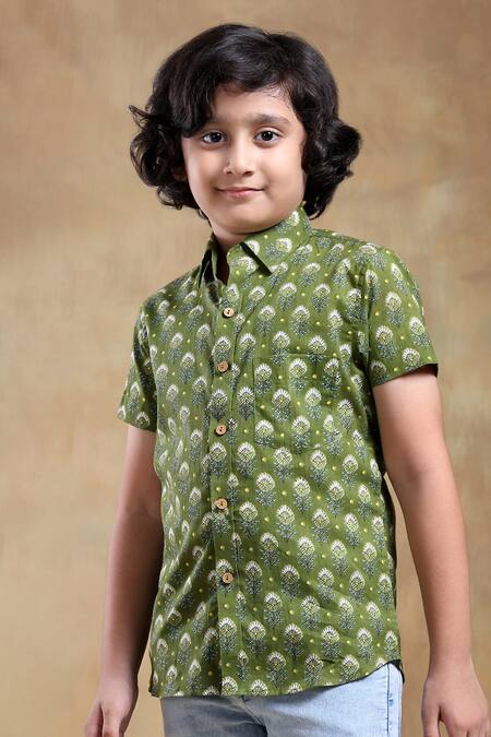 Buy_Pomcha Jaipur_Green Cotton Bachpan Hand Block Print Shirt _Online_at_Aza_Fashions