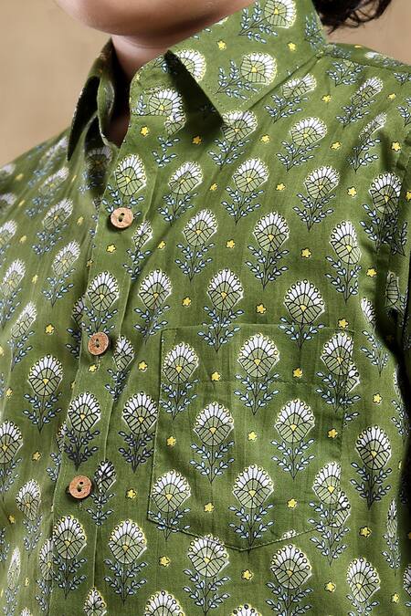 Shop_Pomcha Jaipur_Green Cotton Bachpan Hand Block Print Shirt _Online_at_Aza_Fashions