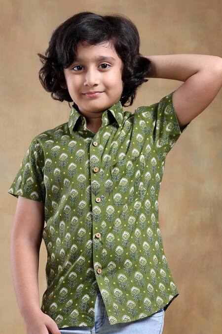 Pomcha Jaipur_Green Cotton Bachpan Hand Block Print Shirt _at_Aza_Fashions