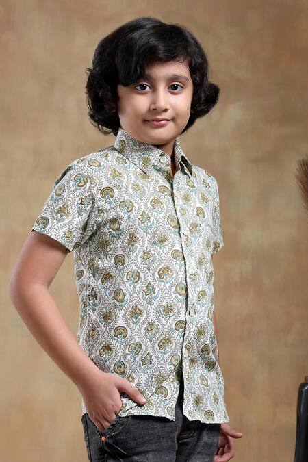 Pomcha Jaipur_Green Cotton Embroidery Bachpan Paisley Hand Block Print Shirt _Online_at_Aza_Fashions