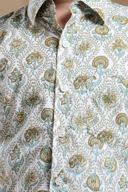 Buy_Pomcha Jaipur_Green Cotton Embroidery Bachpan Paisley Hand Block Print Shirt _Online_at_Aza_Fashions