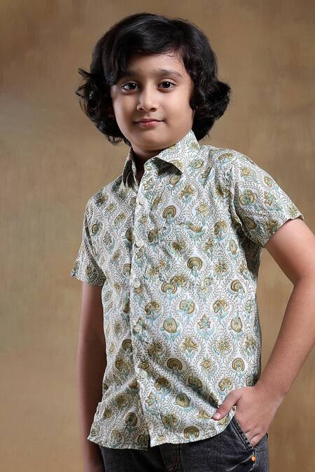 Shop_Pomcha Jaipur_Green Cotton Embroidery Bachpan Paisley Hand Block Print Shirt _Online_at_Aza_Fashions