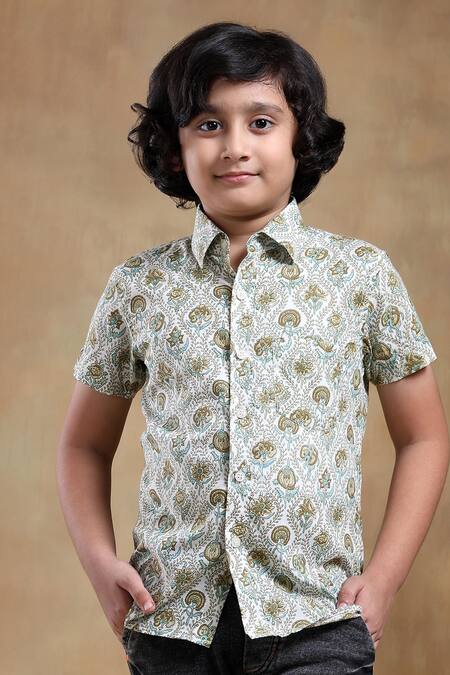 Pomcha Jaipur_Green Cotton Embroidery Bachpan Paisley Hand Block Print Shirt _at_Aza_Fashions