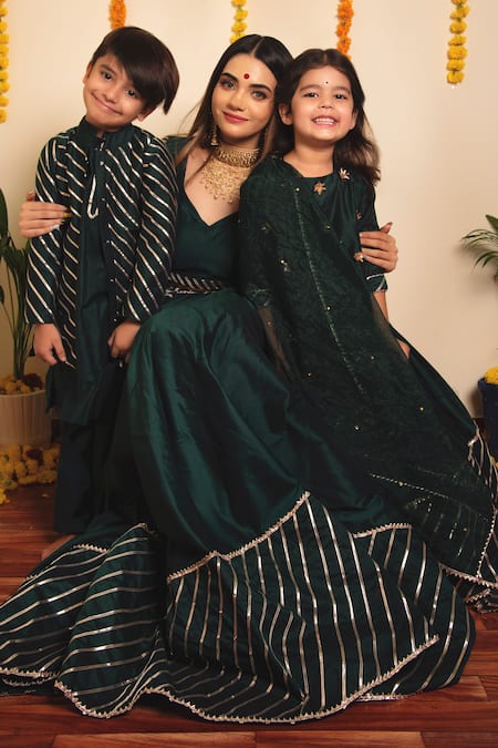 Shop Pomcha Jaipur Green Cotton, Silk, Organza Embroidery, Bachpan Mimosa Hand Lehenga Kurta Set Online at Aza Fashions Shop_Pomcha Jaipur_Green Cotton, Silk, Organza Embroidery, Bachpan Mimosa Hand Lehenga Kurta Set _Online_at_Aza_Fashions