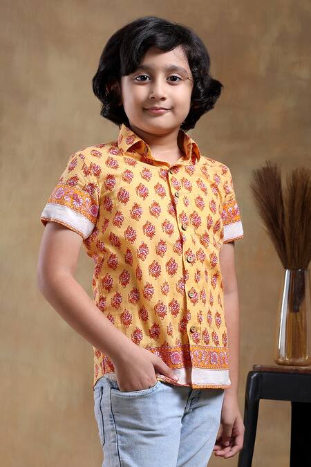 Pomcha Jaipur_Yellow Cotton Bachpan Mogra Hand Block Print Shirt _Online_at_Aza_Fashions