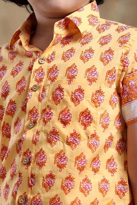 Buy_Pomcha Jaipur_Yellow Cotton Bachpan Mogra Hand Block Print Shirt _Online_at_Aza_Fashions