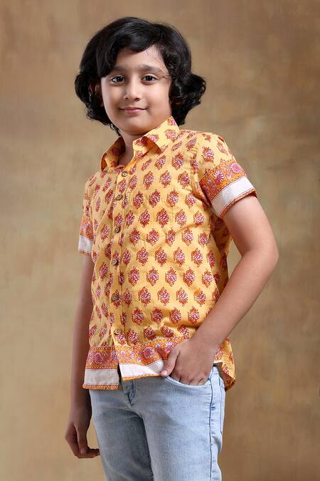 Shop_Pomcha Jaipur_Yellow Cotton Bachpan Mogra Hand Block Print Shirt _Online_at_Aza_Fashions
