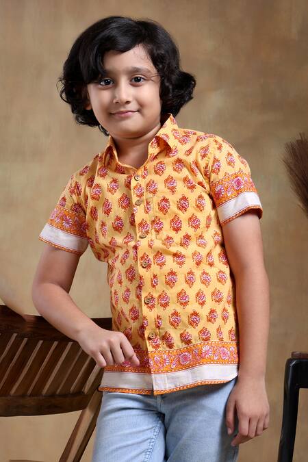 Pomcha Jaipur_Yellow Cotton Bachpan Mogra Hand Block Print Shirt _at_Aza_Fashions