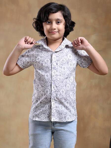 Pomcha Jaipur_Grey Cotton Embroidery Bachpan Moksha Hand Block Print Shirt _at_Aza_Fashions