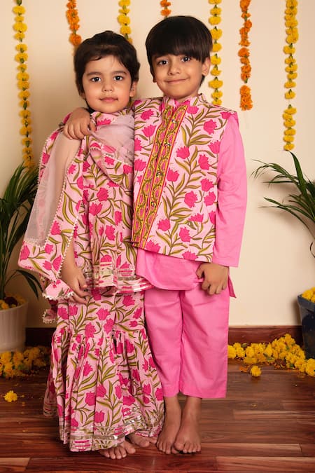 Pomcha Jaipur_Pink Cotton Embroidery, Gota Patti Bachpan Nazakat Peplum Kurta Sharara Set _Online_at_Aza_Fashions