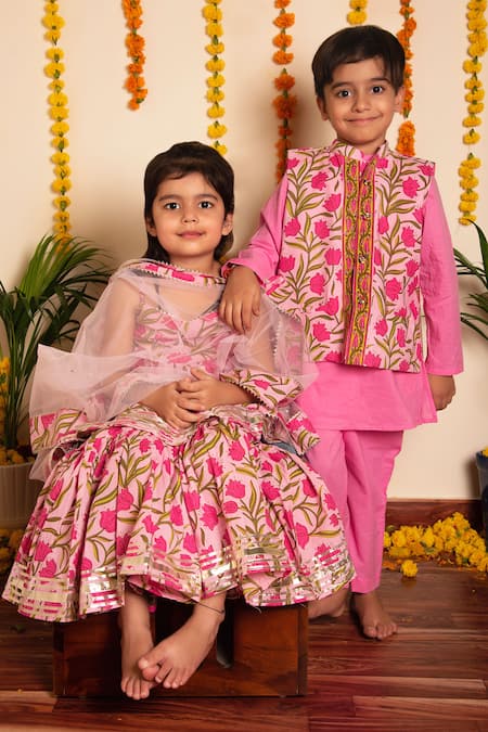 Buy_Pomcha Jaipur_Pink Cotton Embroidery, Gota Patti Bachpan Nazakat Peplum Kurta Sharara Set _Online_at_Aza_Fashions
